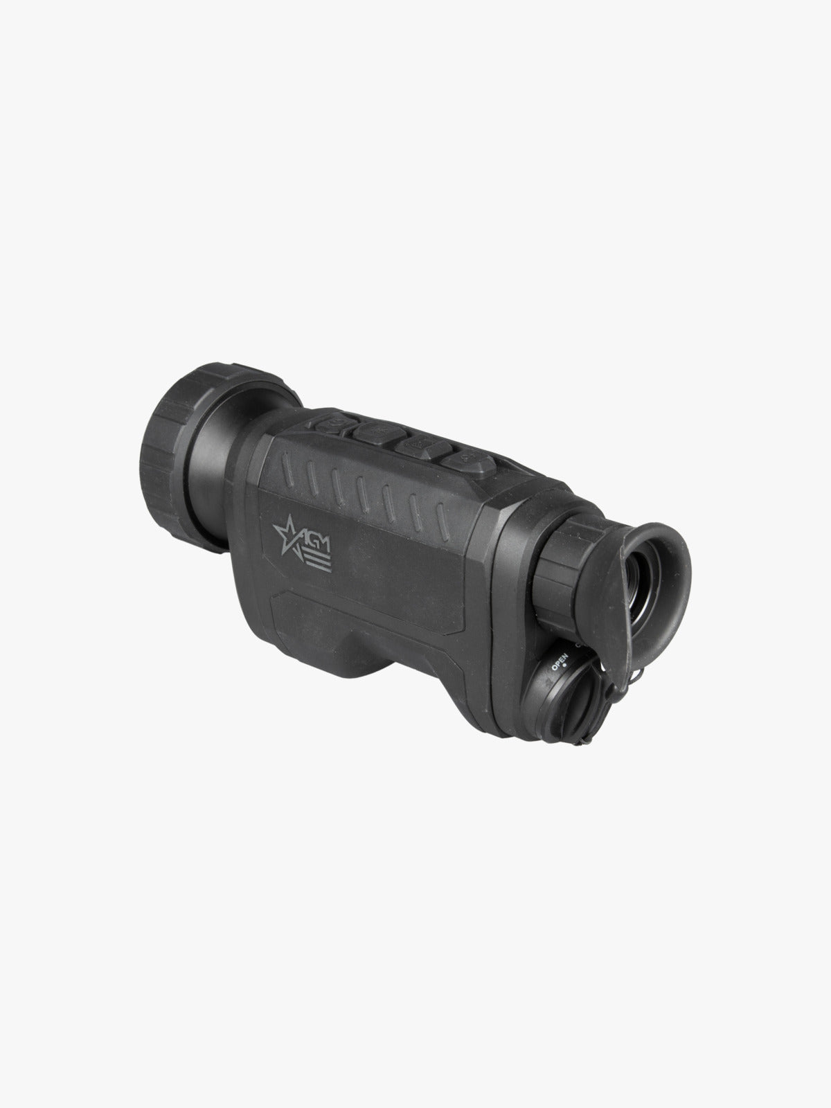 AGM ReachIR LRF 50-640 thermal monocular, three-quarter view from the eyepiece end