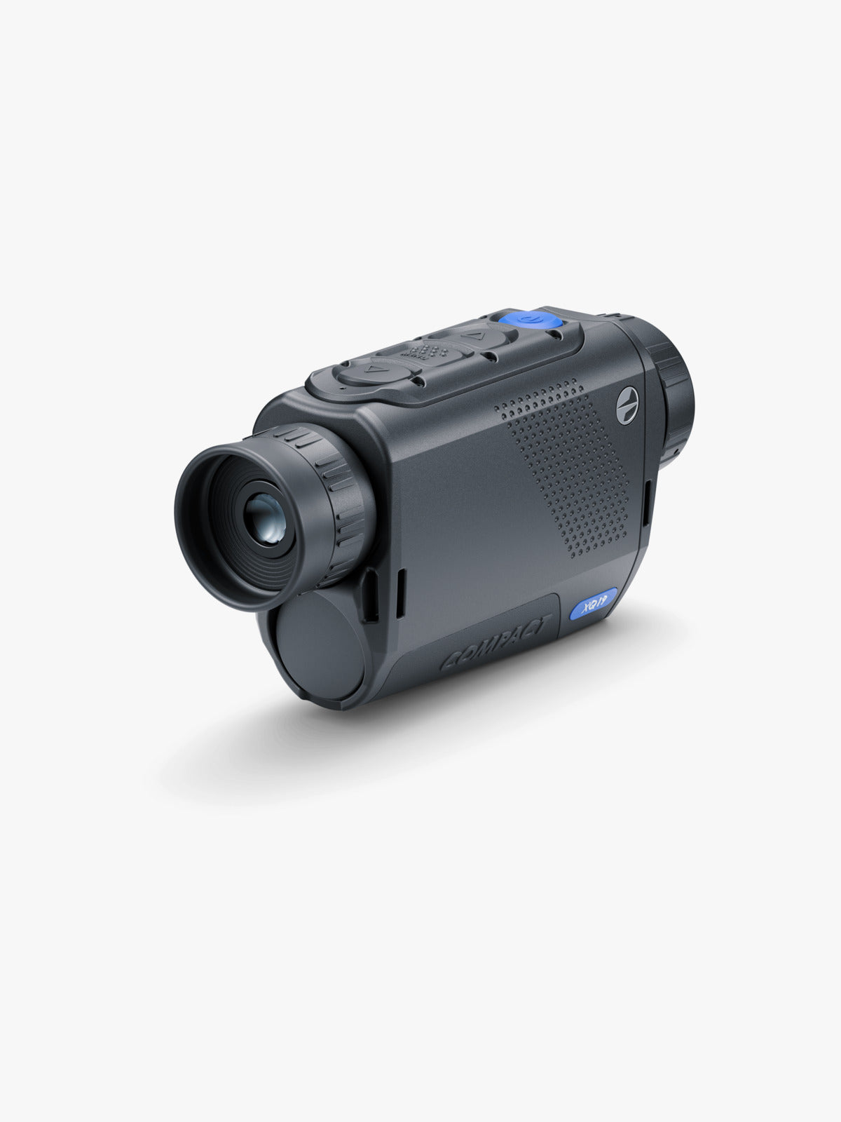 Pulsar Axion XQ19 Compact thermal monocular, three-quarter view from the eyepiece side